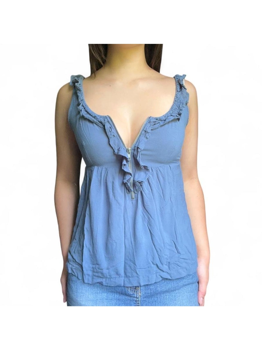 y2k vintage sleeveless top w/ (functional) zipper bust detail & ruffle trim
